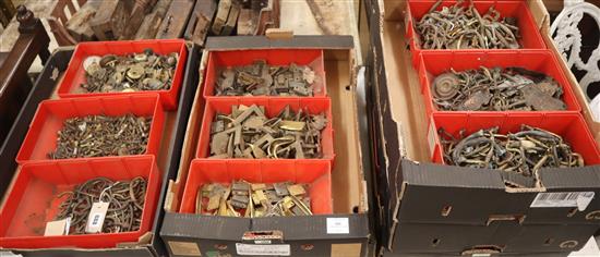 A large collection of furniture brassware, iron hinges, etc.